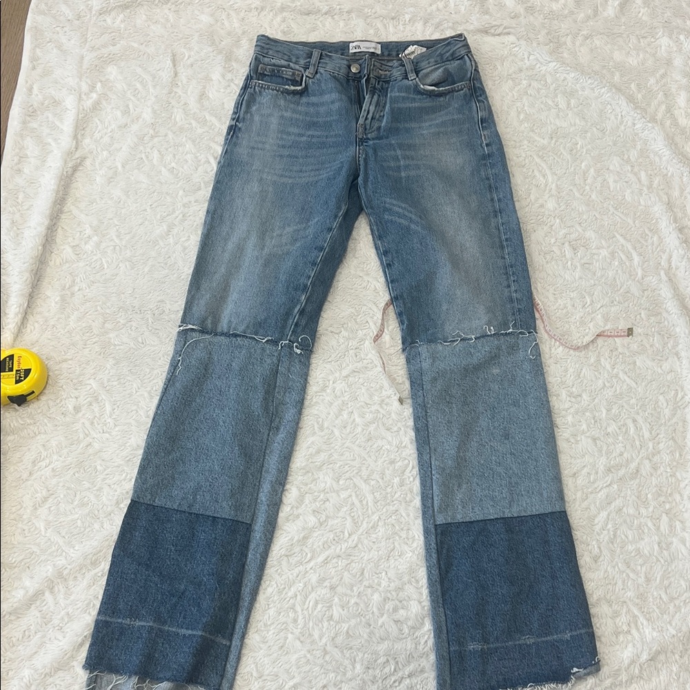 Zara Blue Patchwork Flare Jeans - image 1